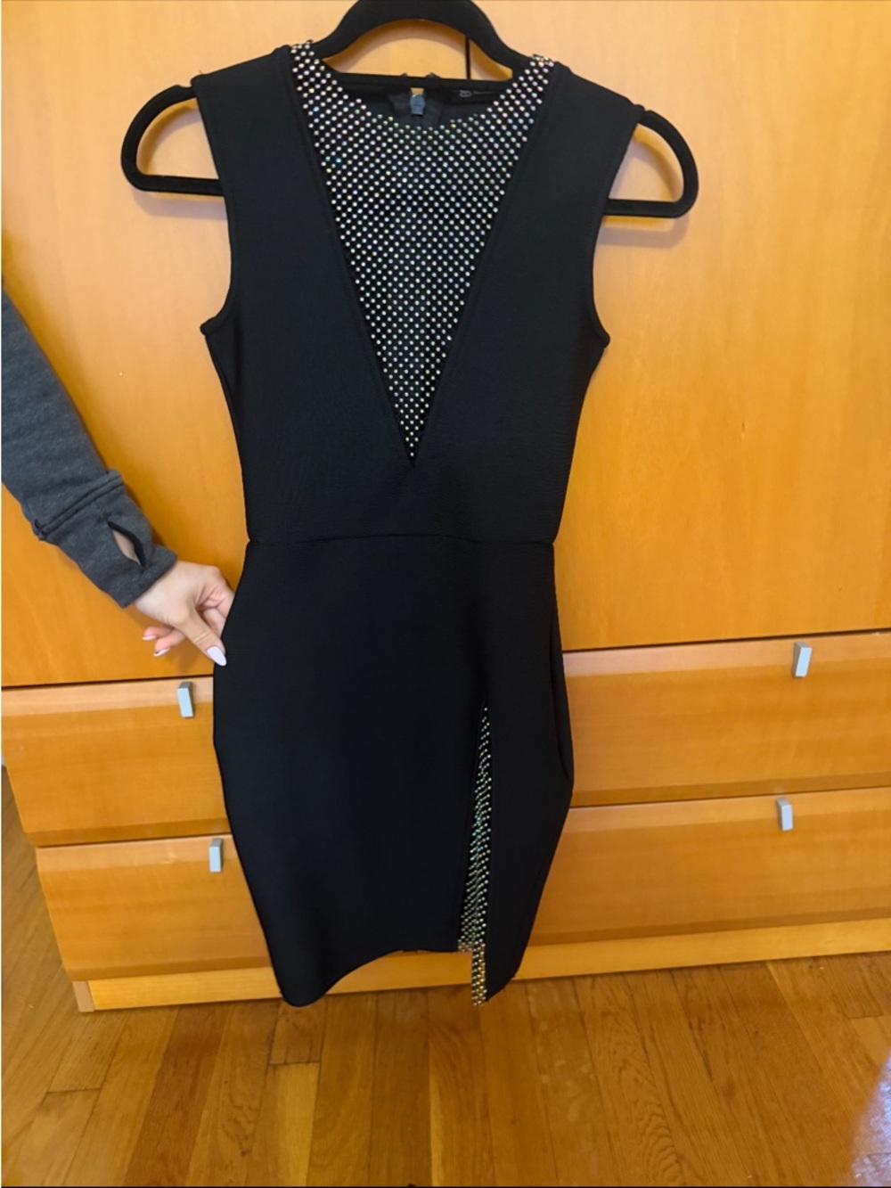 Black Sleeveless V-Neck Mini Dress with Polka Dot Inset